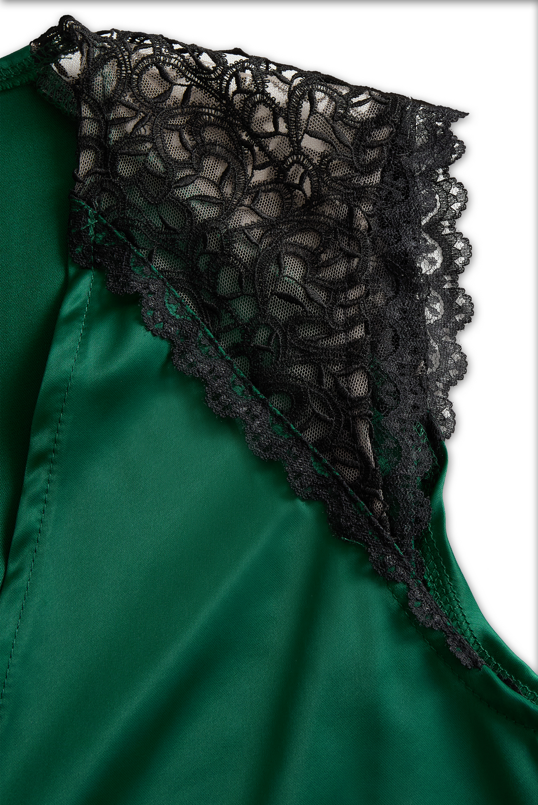 Deep V-Neck Satin Blouse with Lace Details - Emerald Allure