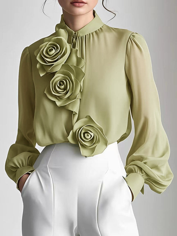 Modern White Blouse with 3D Rose Accents