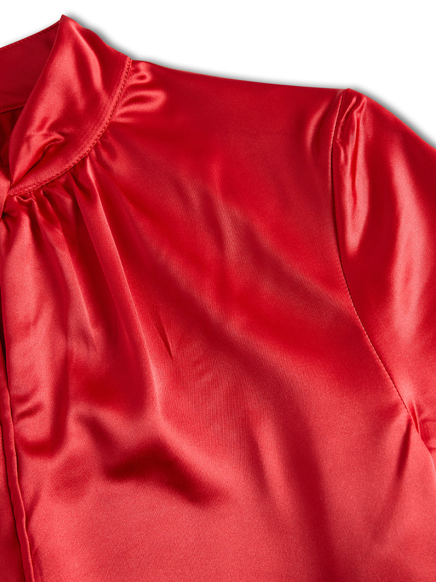 Sophisticated White Satin Blouse with Modern Keyhole Neckline