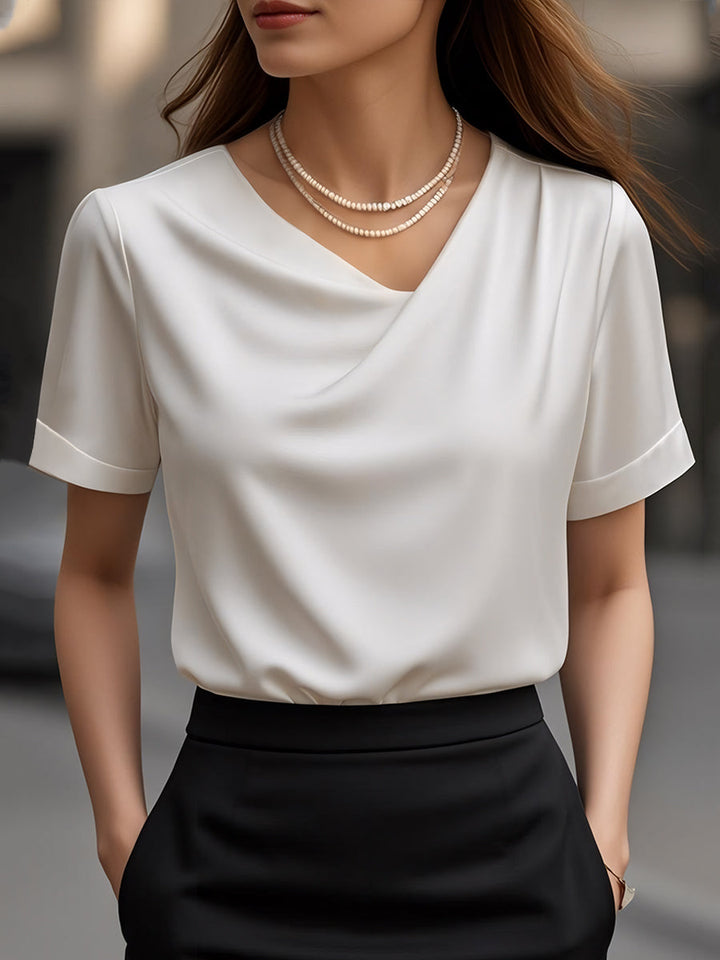 Elegant Plain Short-Sleeve Blouse with Draped Neckline