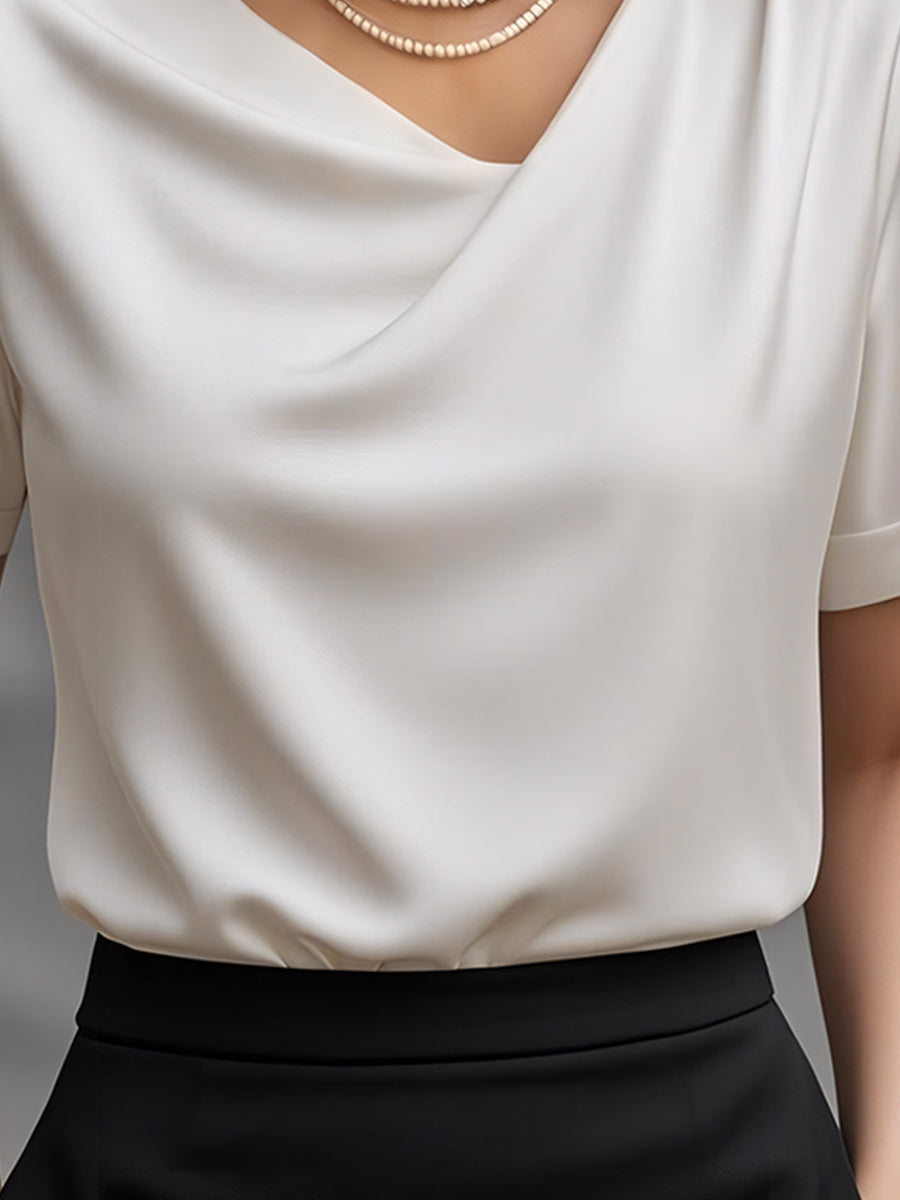 Elegant Plain Short-Sleeve Blouse with Draped Neckline
