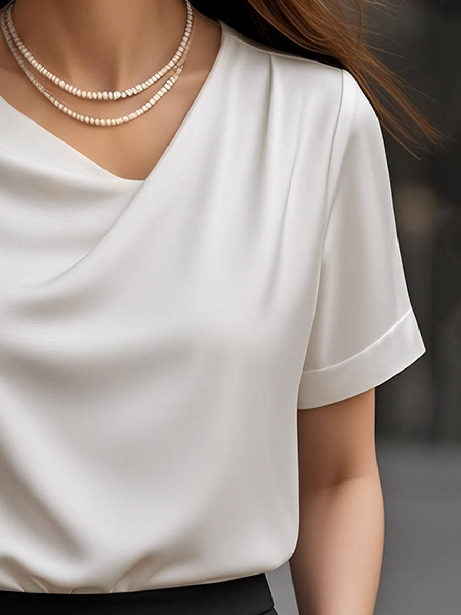 Elegant Plain Short-Sleeve Blouse with Draped Neckline