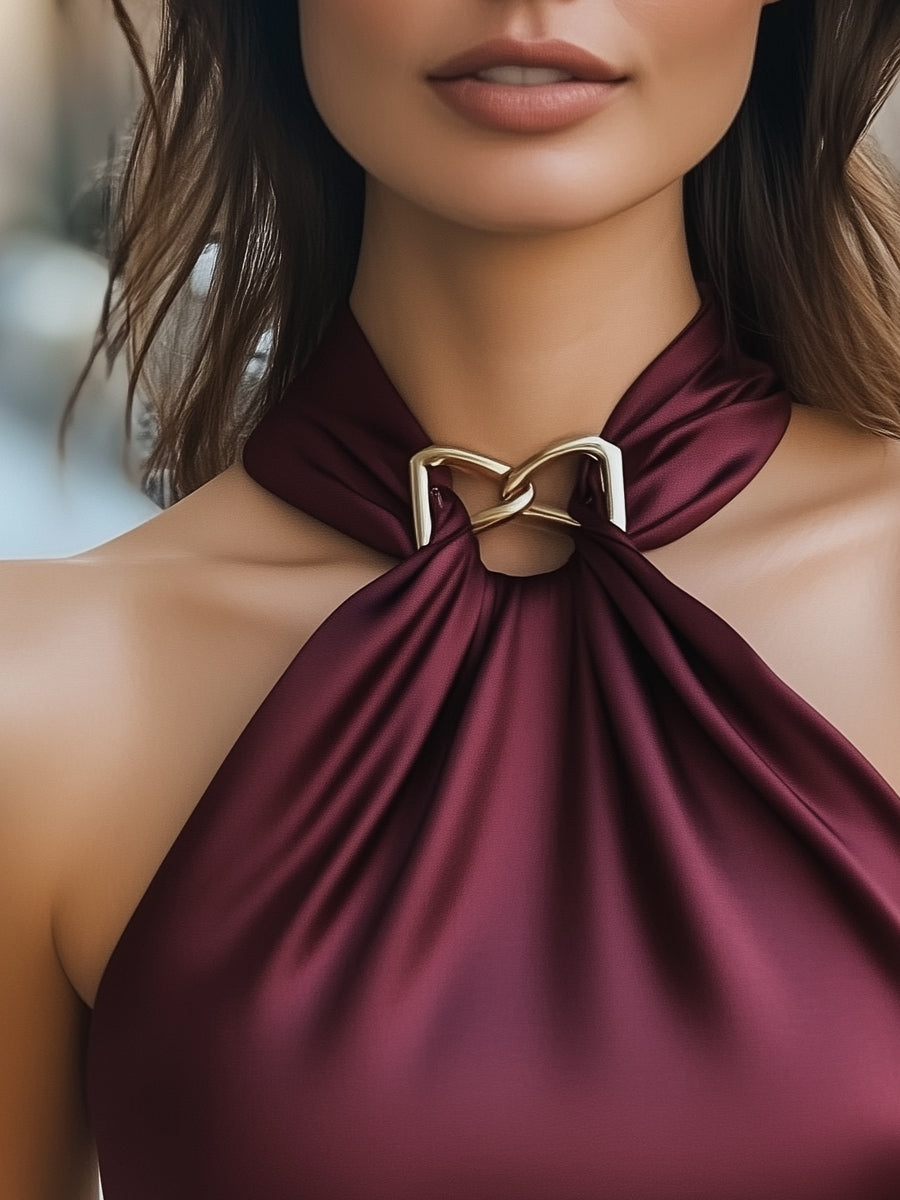 Elegant Glossy Halter Sleeveless Blouse with Gold Chain Detail