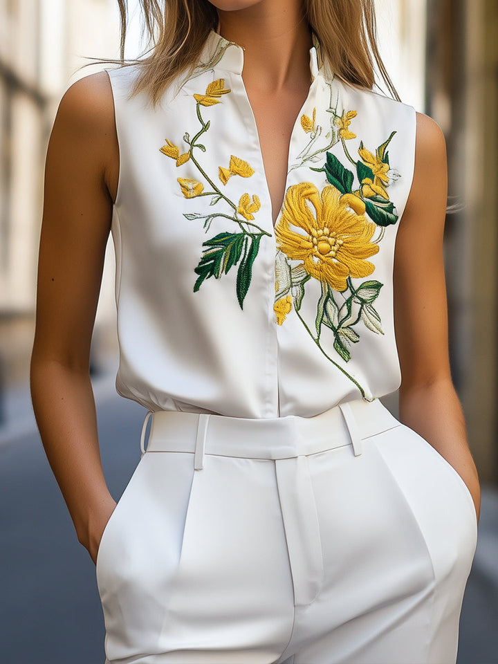 Sleeveless Blouse with Yellow Floral Embroidery