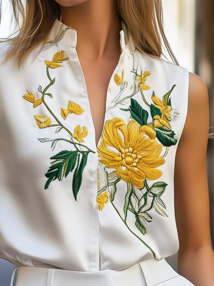 Sleeveless Blouse with Yellow Floral Embroidery