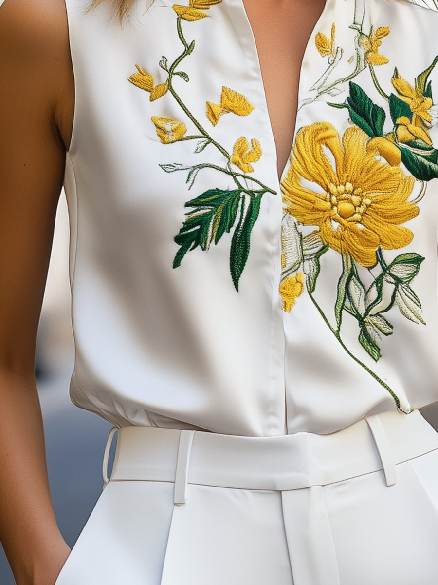 Sleeveless Blouse with Yellow Floral Embroidery