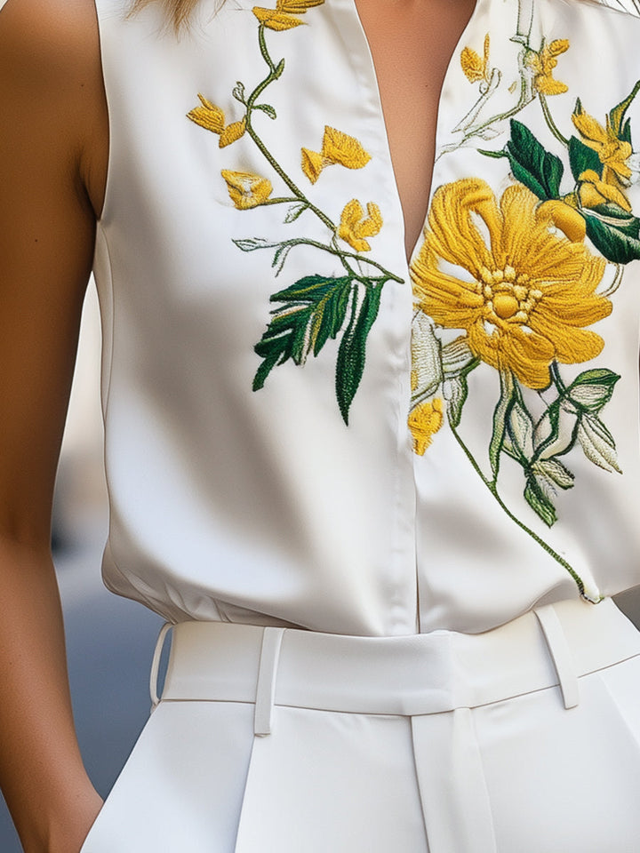 Sleeveless Blouse with Yellow Floral Embroidery