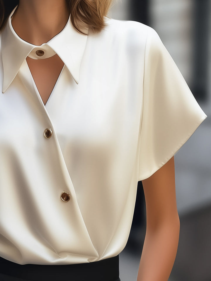 Asymmetric Buttoned Satin Blouse with Cutout Collar Detail