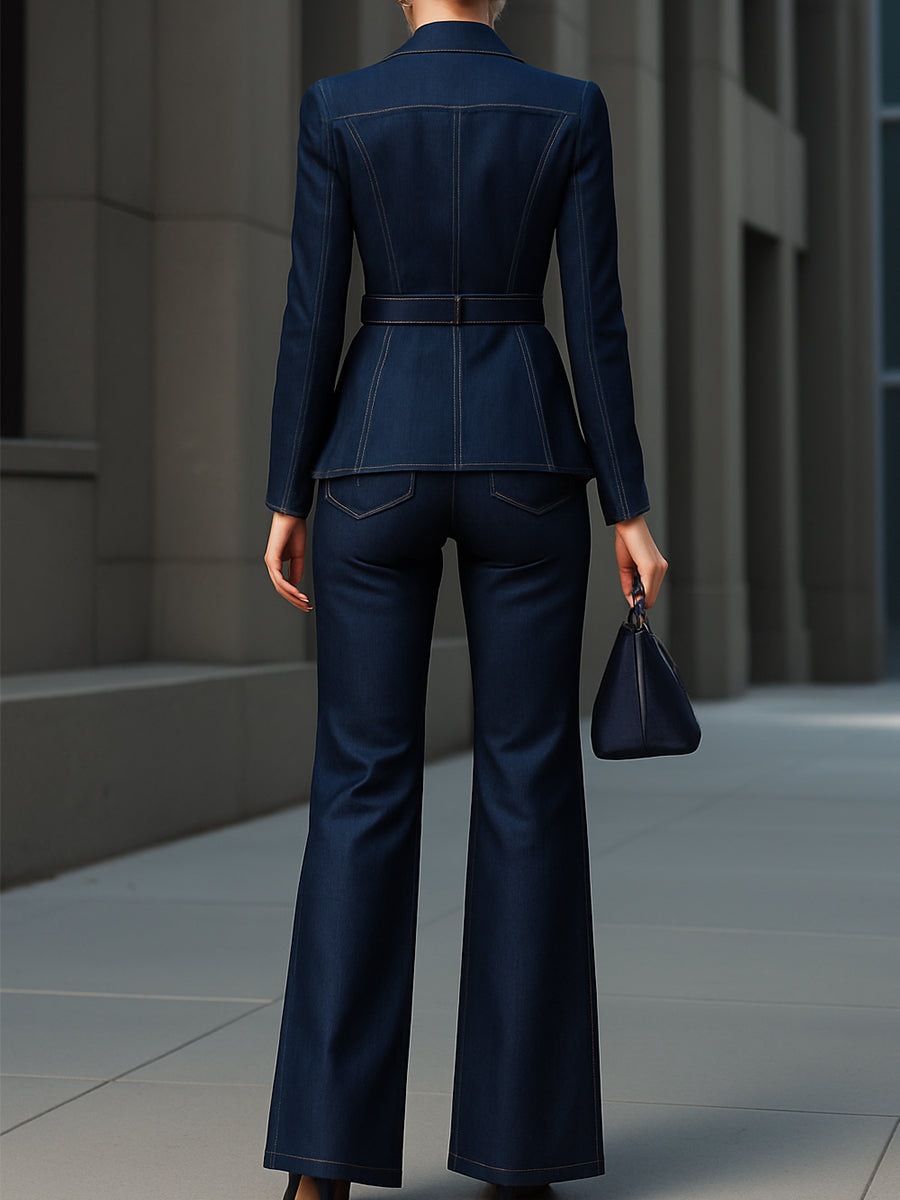 Tailored Dark Denim Blazer & Flare Pants Set