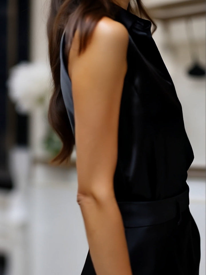 Sleek Black Satin Sleeveless Blouse