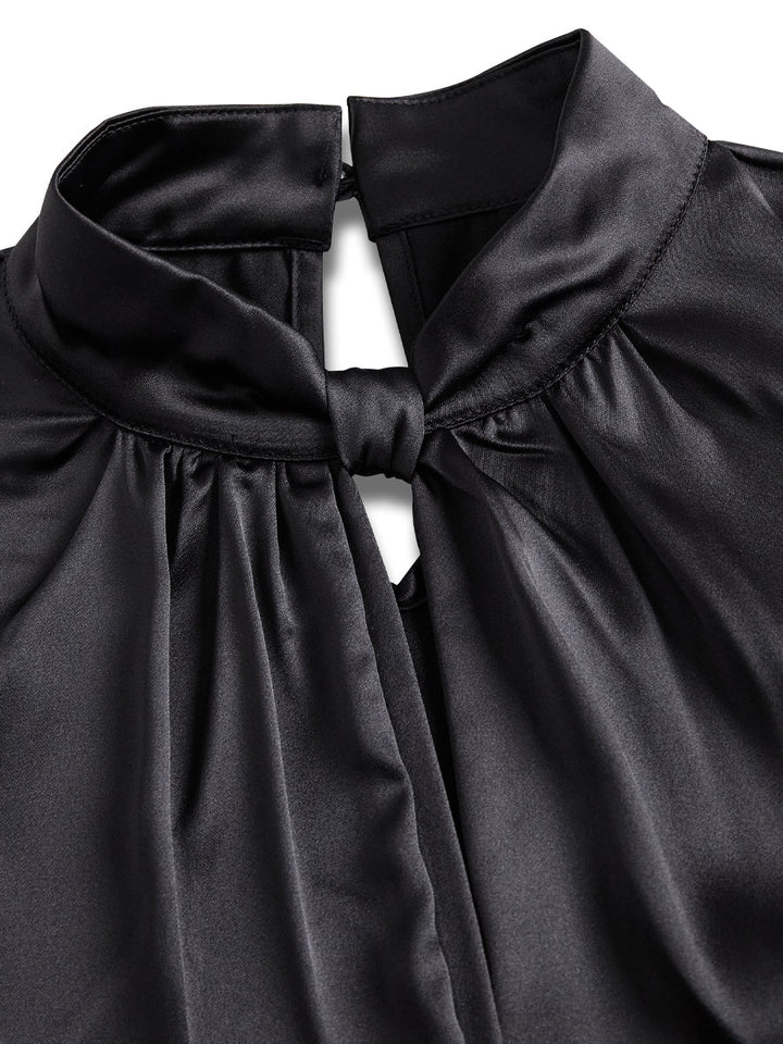 Sophisticated White Satin Blouse with Modern Keyhole Neckline