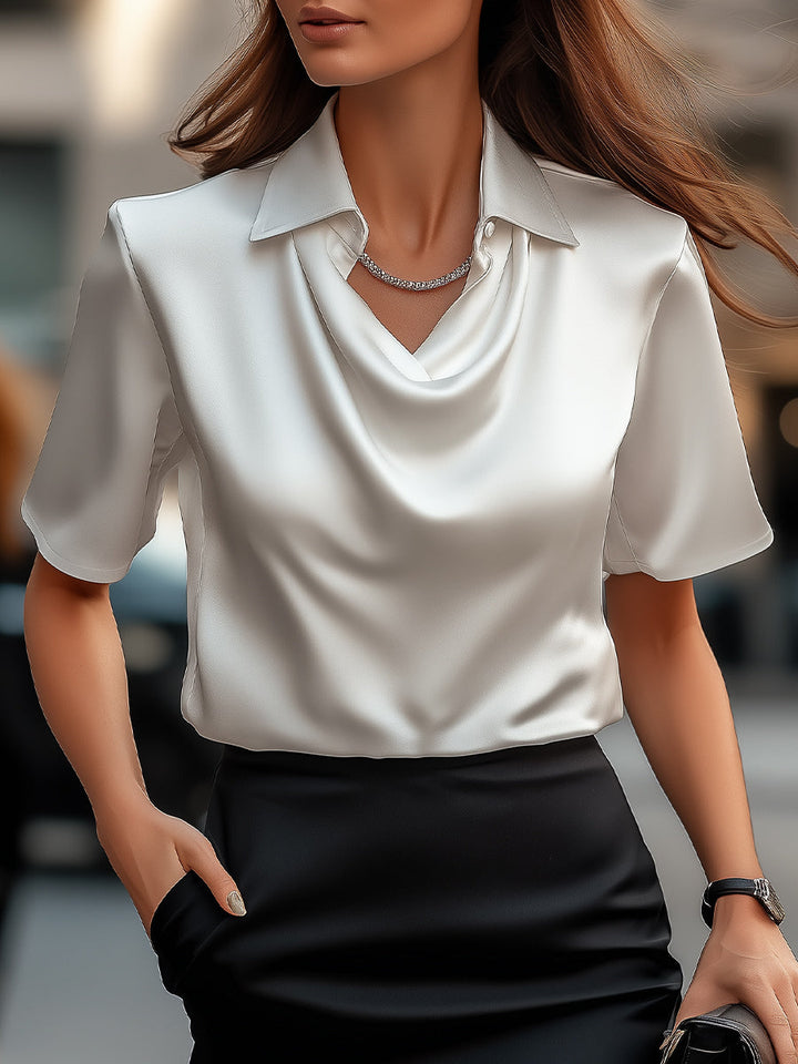 Classic White Satin Blouse with Draped Neckline