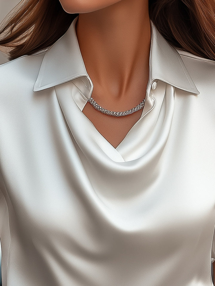 Classic White Satin Blouse with Draped Neckline