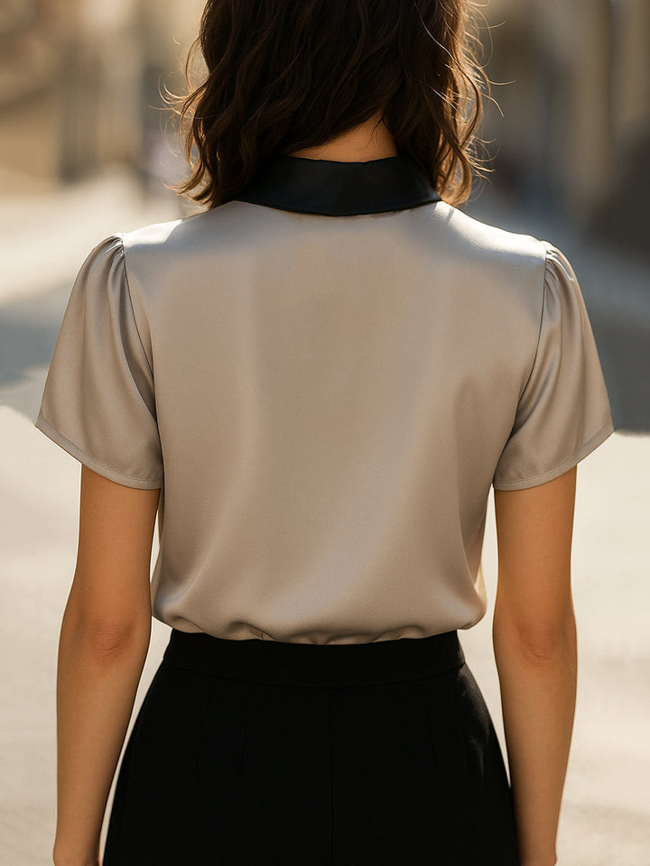 Contrast Collar Satin Keyhole Blouse