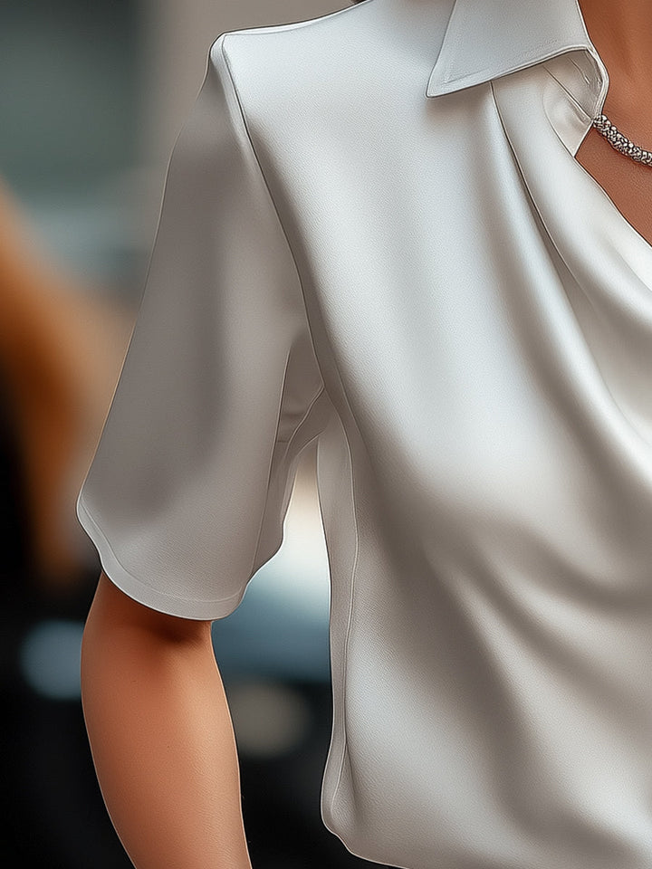 Classic White Satin Blouse with Draped Neckline