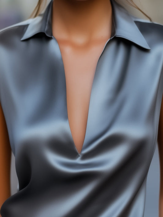 Sleek Gray Satin Plunge Neck Top