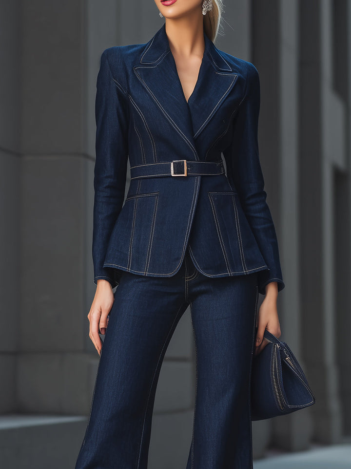 Tailored Dark Denim Blazer & Flare Pants Set