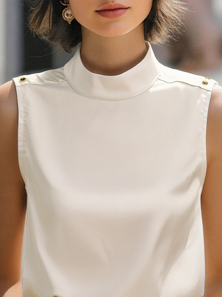 Elegant Ivory High-Neck Sleeveless Satin Blouse