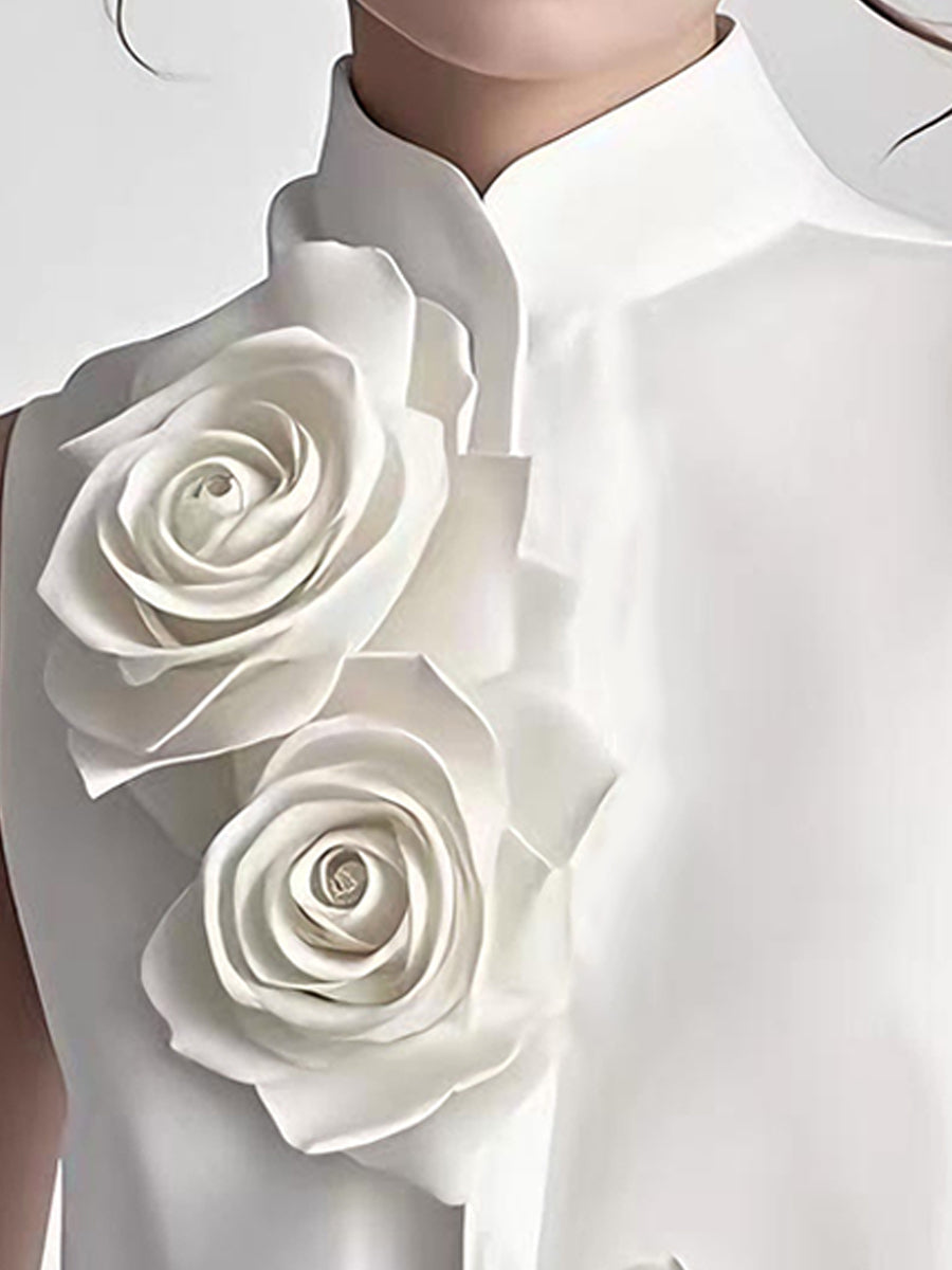 Modern Sleeveless White Blouse with 3D Rose Accents