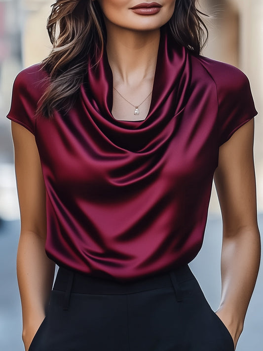 Elegant Burgundy Satin Cowl Neck Blouse