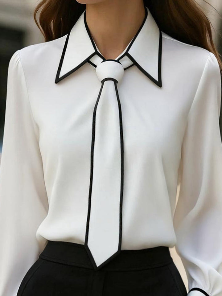 Chic Contrast Trim Tie-Neck Blouse