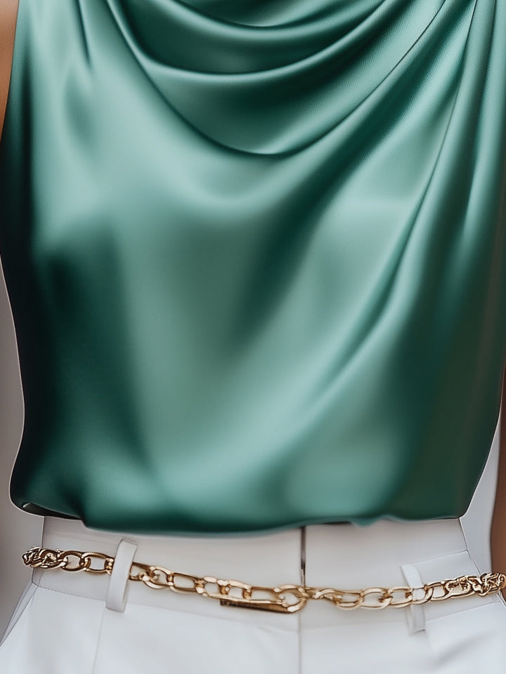 Teal Satin Drape Neck Blouse
