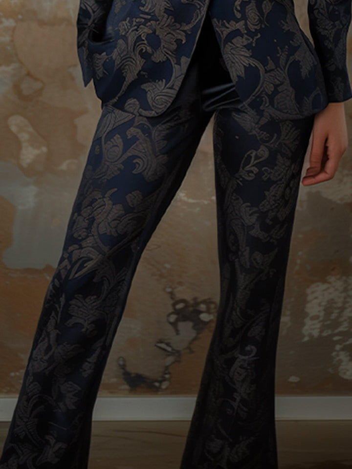 Navy Black Satin Jacquard Trousers