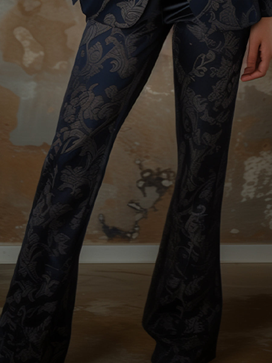 Navy Black Satin Jacquard Trousers