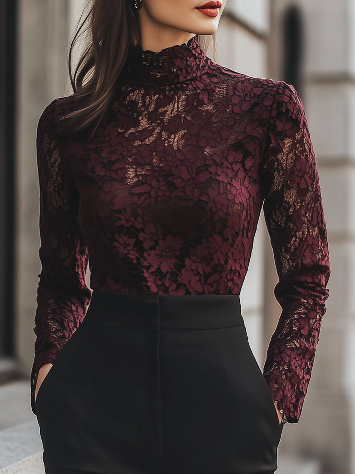Classic Floral Lace Blouse with High Neck