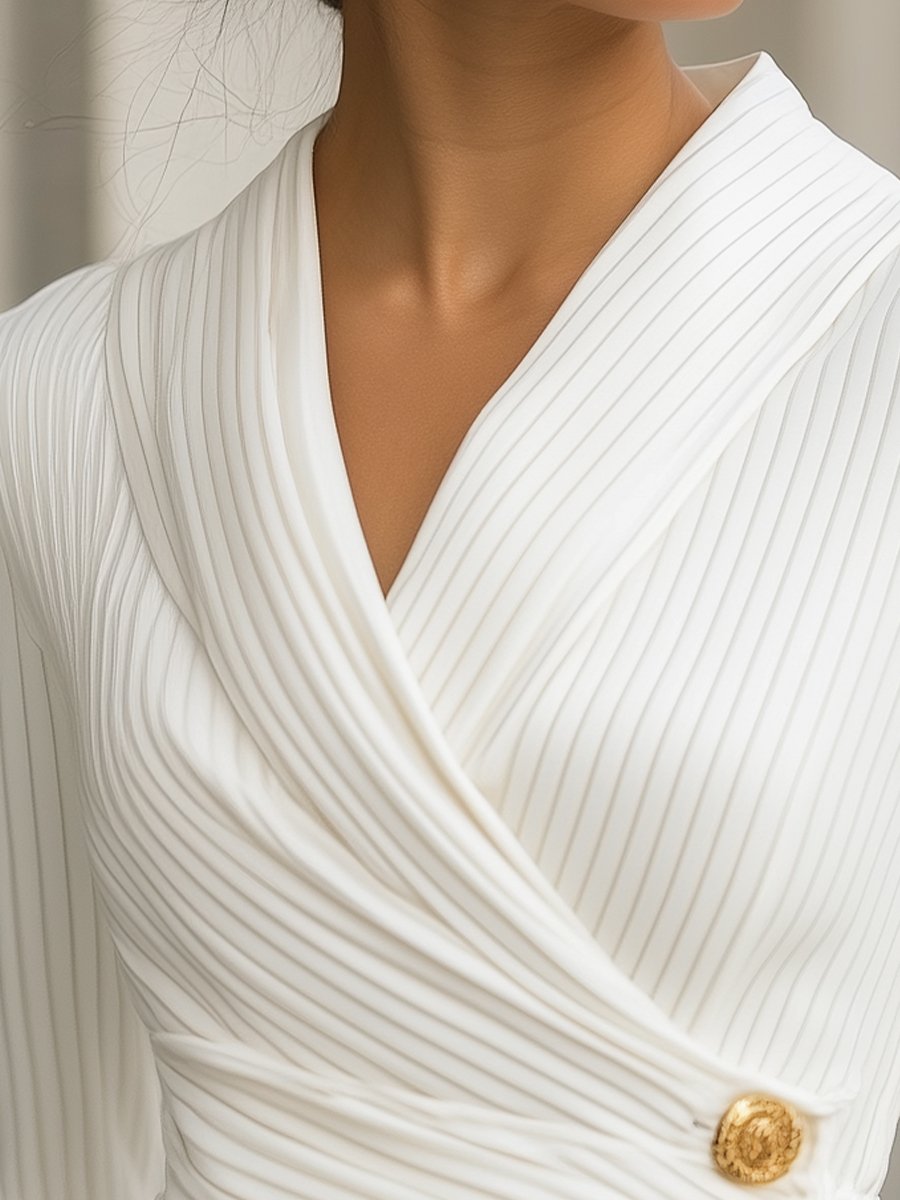 White Stripes Pleated Wrap Blouse with Gold Buttons