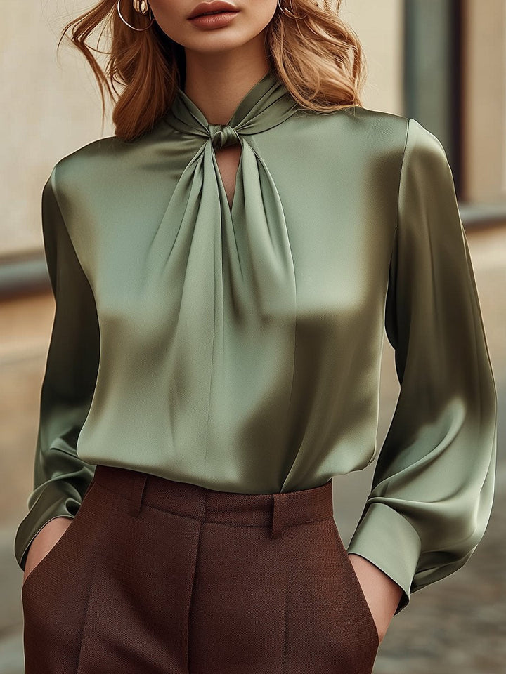 Sophisticated Sage Satin Blouse with Knot Neckline
