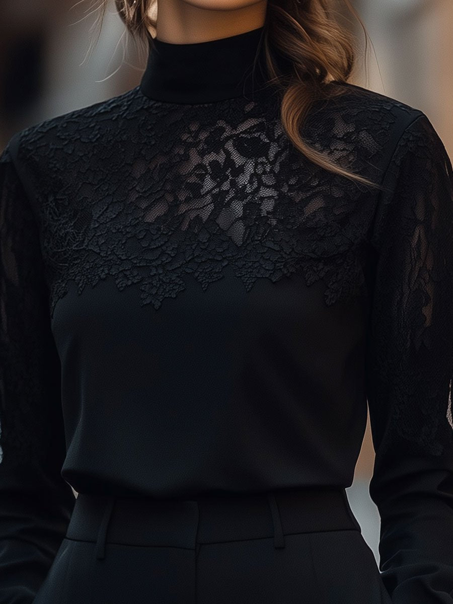 Elegant Lace Panel Long Sleeve Top