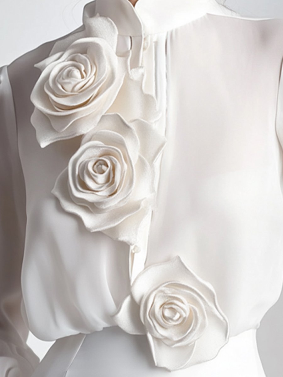 Modern White Blouse with 3D Rose Accents