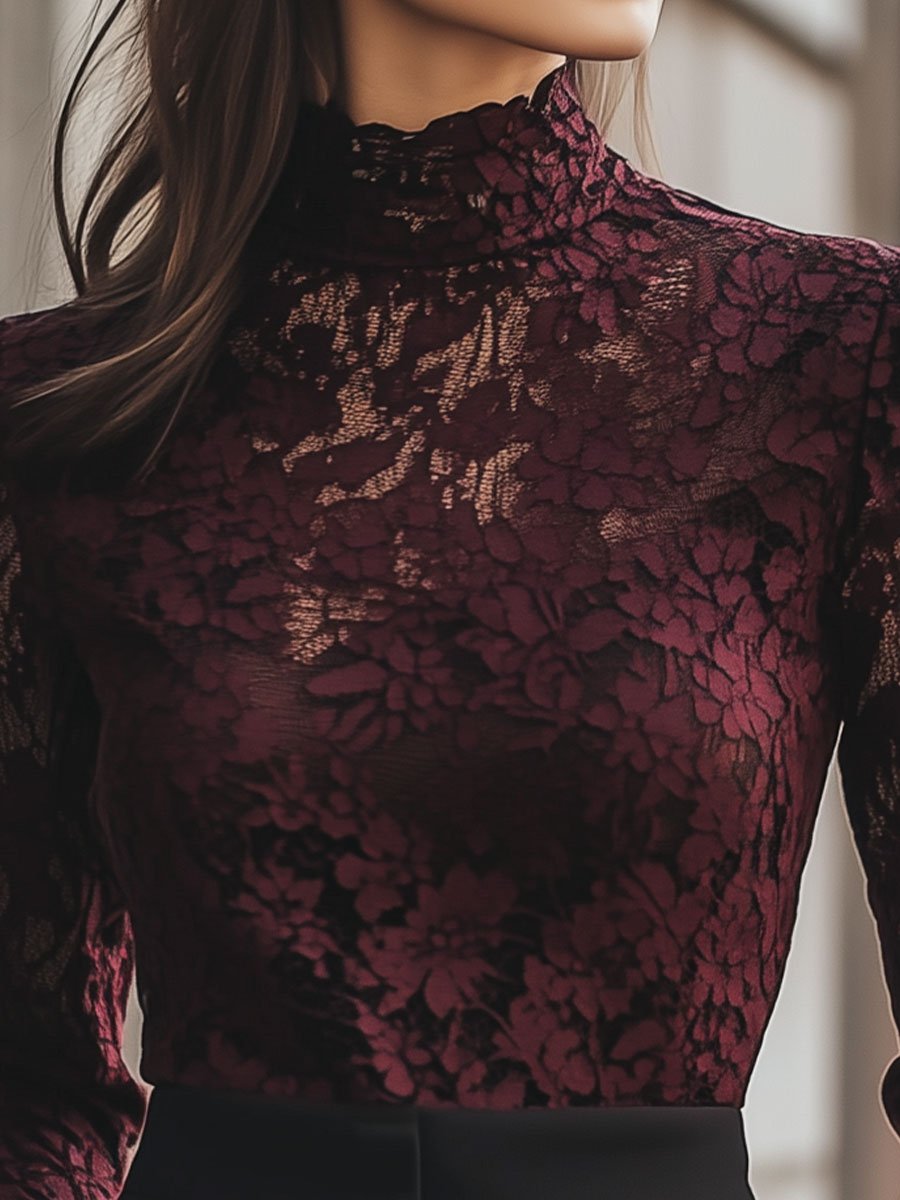 Classic Floral Lace Blouse with High Neck