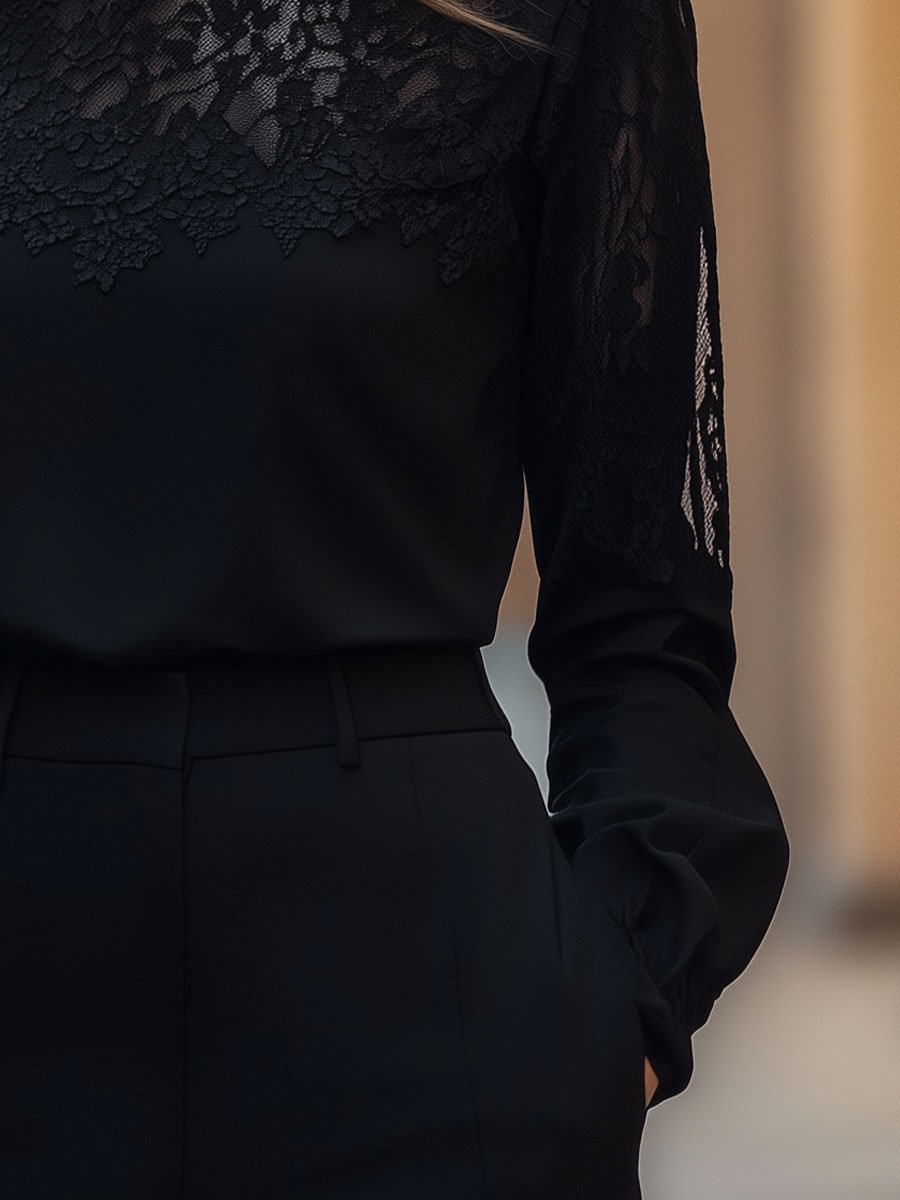 Elegant Lace Panel Long Sleeve Top