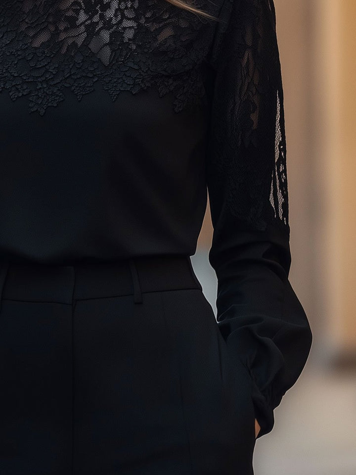 Elegant Lace Panel Long Sleeve Top