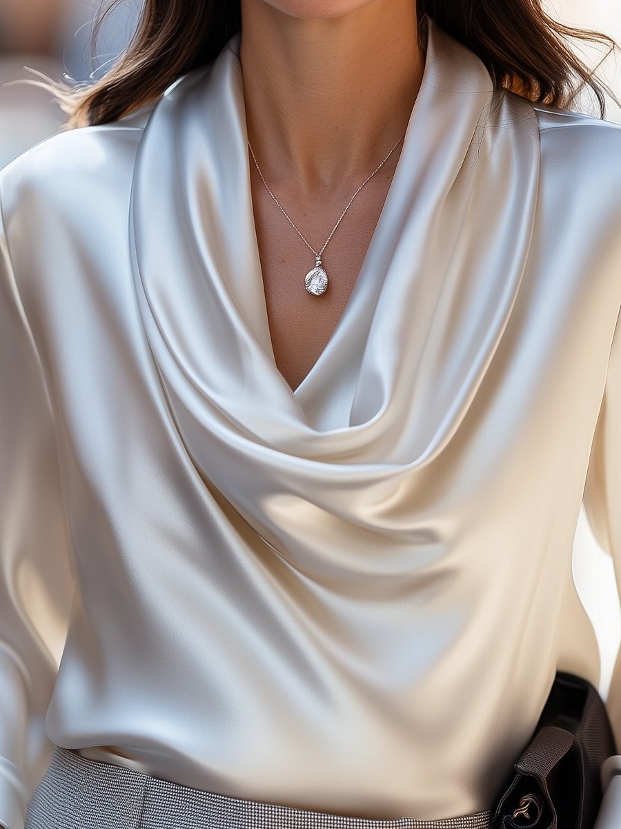 Ivory Satin Draped Cowl-Neck Blouse