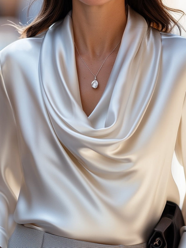 Ivory Satin Draped Cowl-Neck Blouse