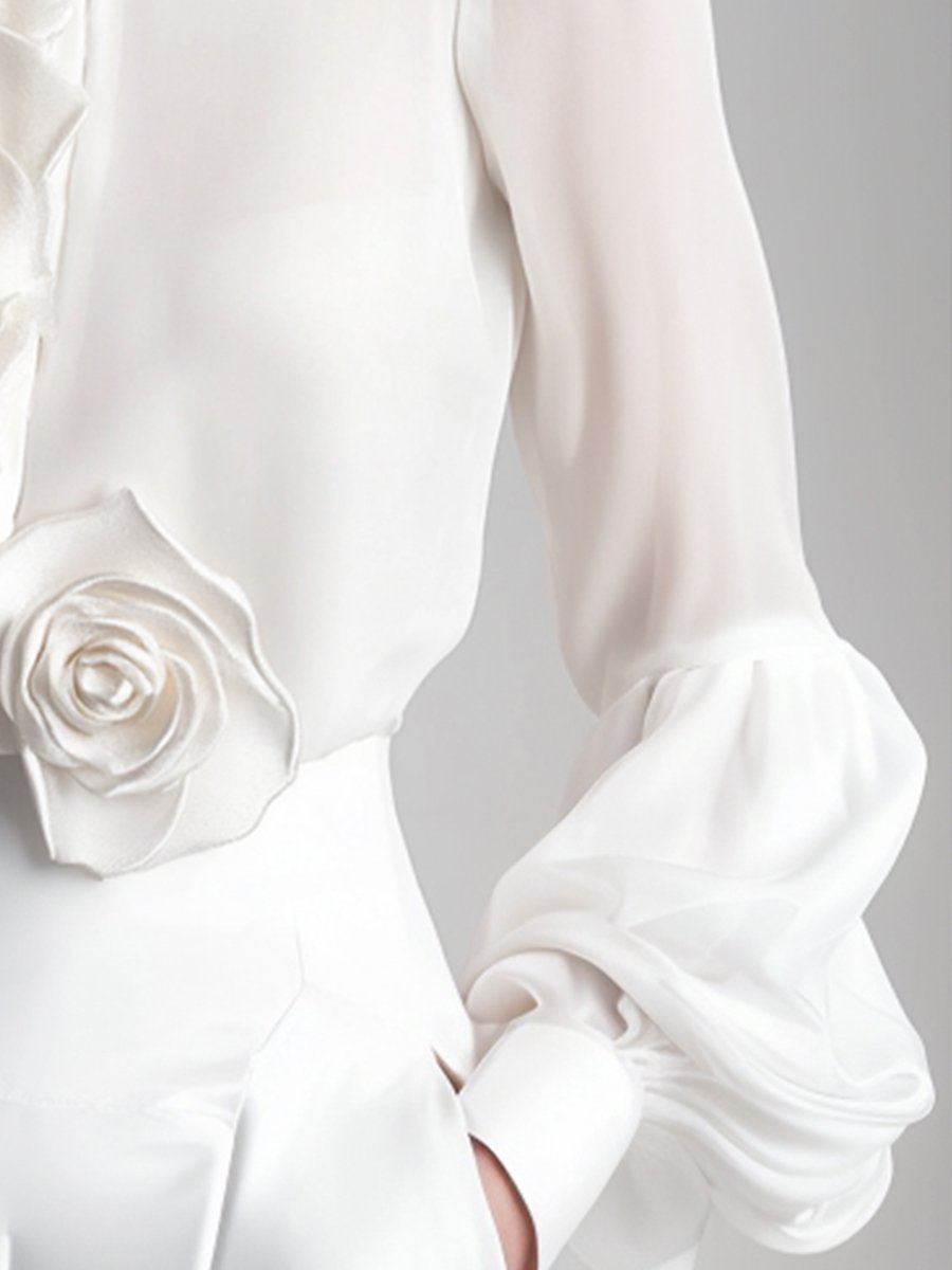 Modern White Blouse with 3D Rose Accents