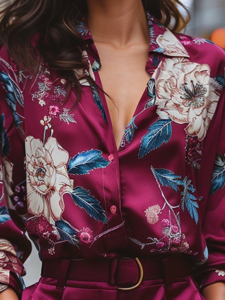 Vibrant Floral Print Burgundy Satin Blouse