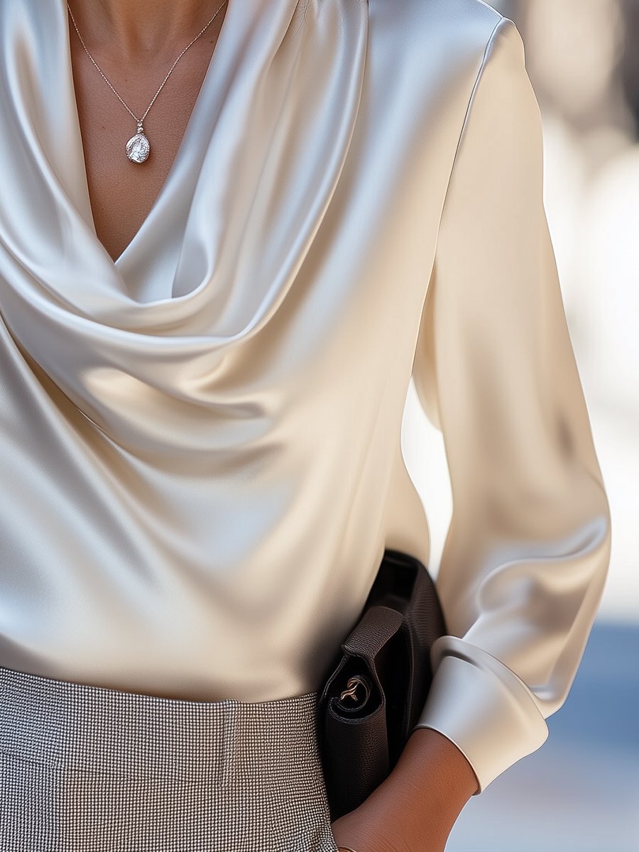 Ivory Satin Draped Cowl-Neck Blouse