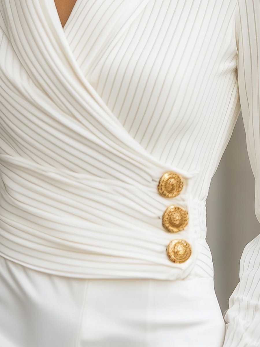 White Stripes Pleated Wrap Blouse with Gold Buttons