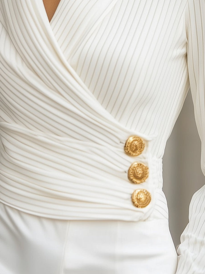 White Stripes Pleated Wrap Blouse with Gold Buttons