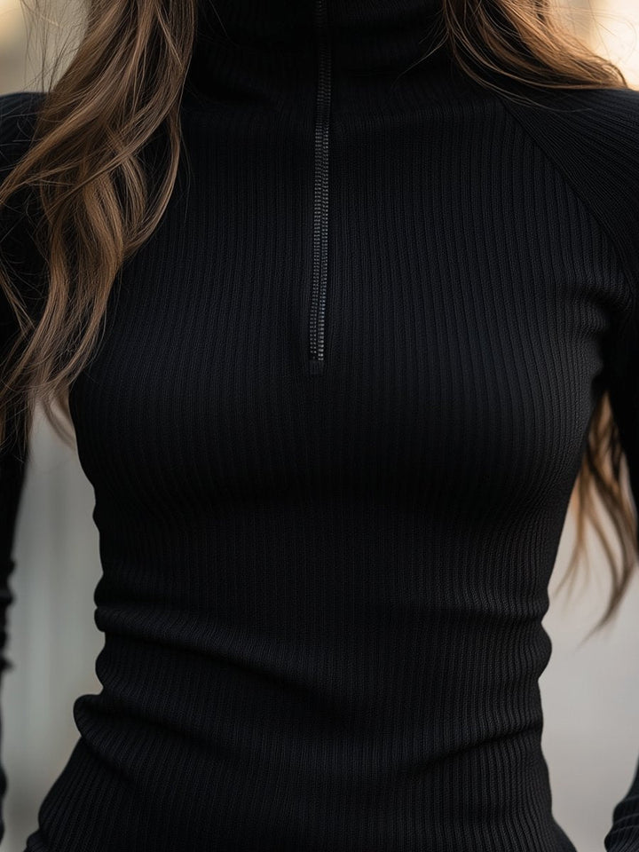 Sophisticated Black Ribbed Turtleneck Top with Zipper Detail