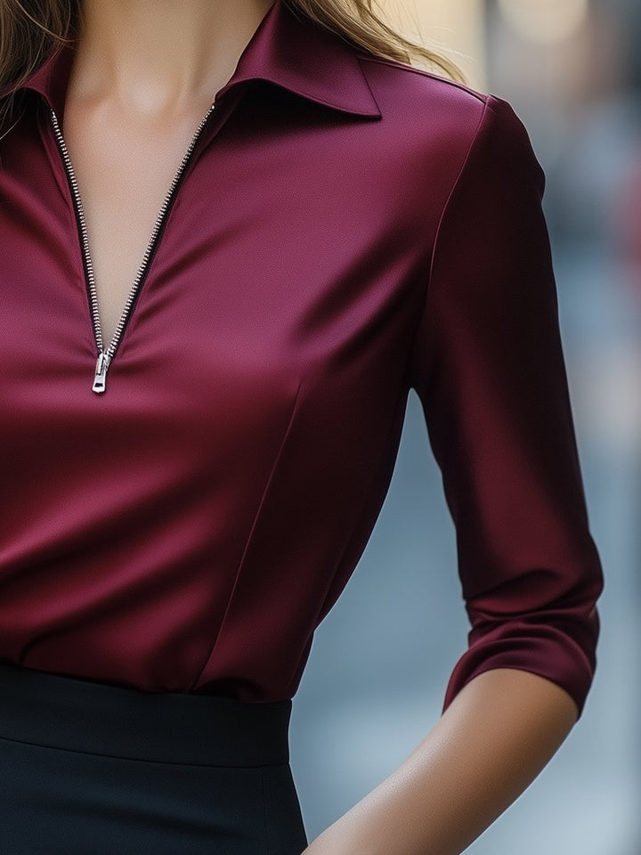 Burgundy Satin Zip-Up Blouse with Long Sleeves